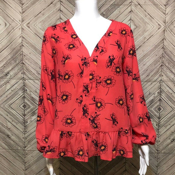 Gap Pink Long Sleeve V Neck Poppy Flower Print Peplum Pullover Blouse Women's S - Picture 5 of 5
